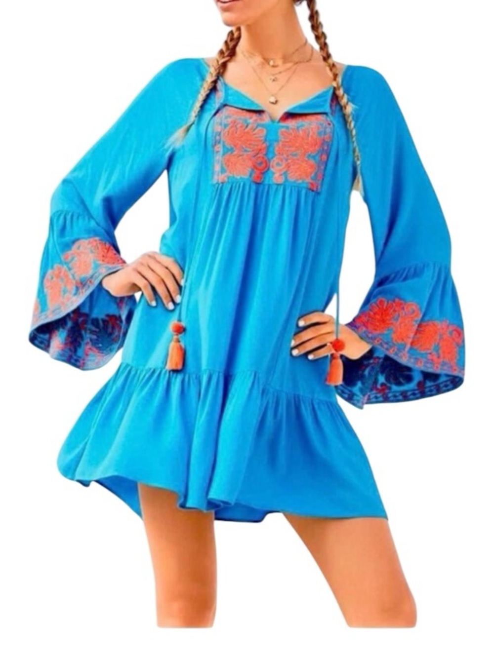 Lilly Pulitzer Amisa Tunic Dress Sparkling Blue Embroidered Boho Tassel XS NWT